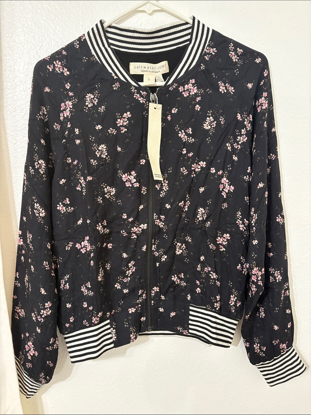 Anthropologie Black Bomber Track Jacket with Floral Print